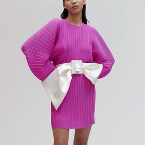 Solace London Tanzy Magenta Pleated Bow Waist Long Sleeve Mini Dress